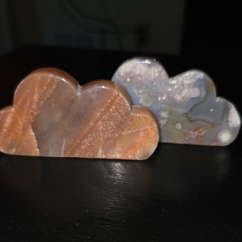 Two Cloud Natural Stone Crystal Carvings Peach Aventurine, Flower Agate NEW